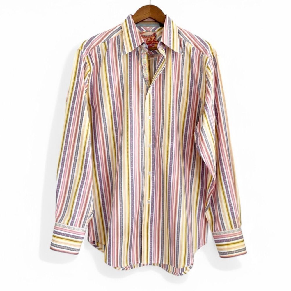 Robert Graham Striped Embroidered Pastel Button Down Shirt Classic Fit Size L